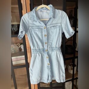 Zara denim playsuit romper utility button down short sleeve light wash pockets
